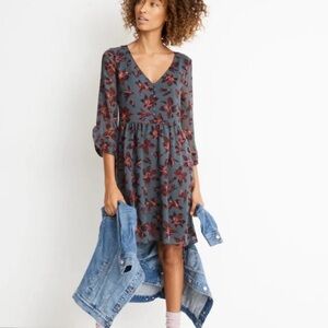 Madewell Teal Floral V-Neck Dress Flowy 3/4 Sleeves Size 8